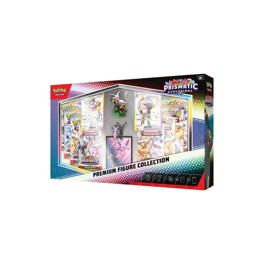 The image shows the Pokémon TCG Prismatic Evolutions Premium Figure Collection. This collection includes promo cards, booster packs, and a detailed Pokémon figure.