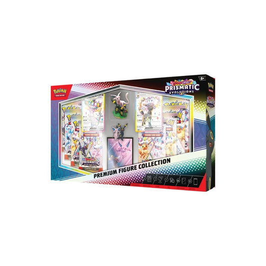 The image shows the Pokémon TCG Prismatic Evolutions Premium Figure Collection. This collection includes promo cards, booster packs, and a detailed Pokémon figure.