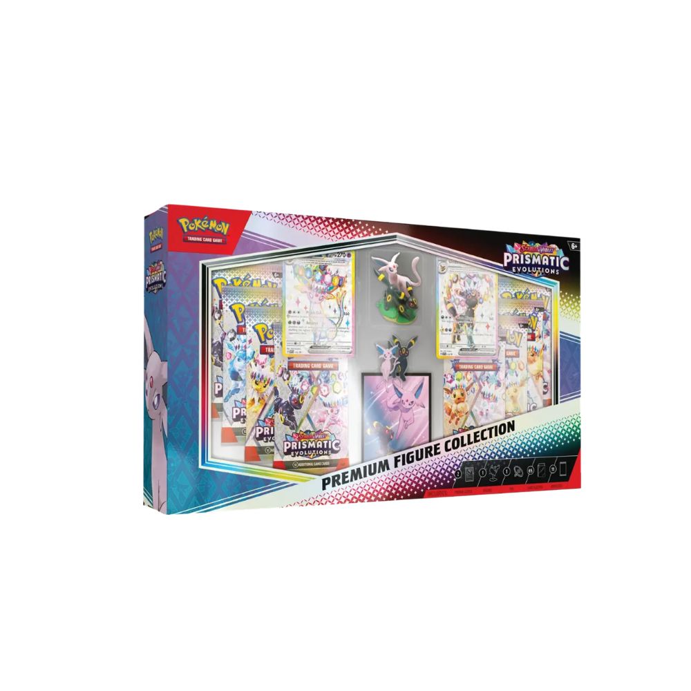 The image shows another view of the Pokémon TCG Prismatic Evolutions Premium Figure Collection. The packaging highlights the included figure and special set contents for collectors and players