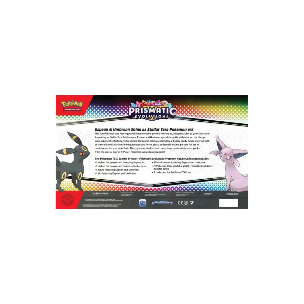 The image shows the back of the Pokémon TCG Prismatic Evolutions Premium Figure Collection.
