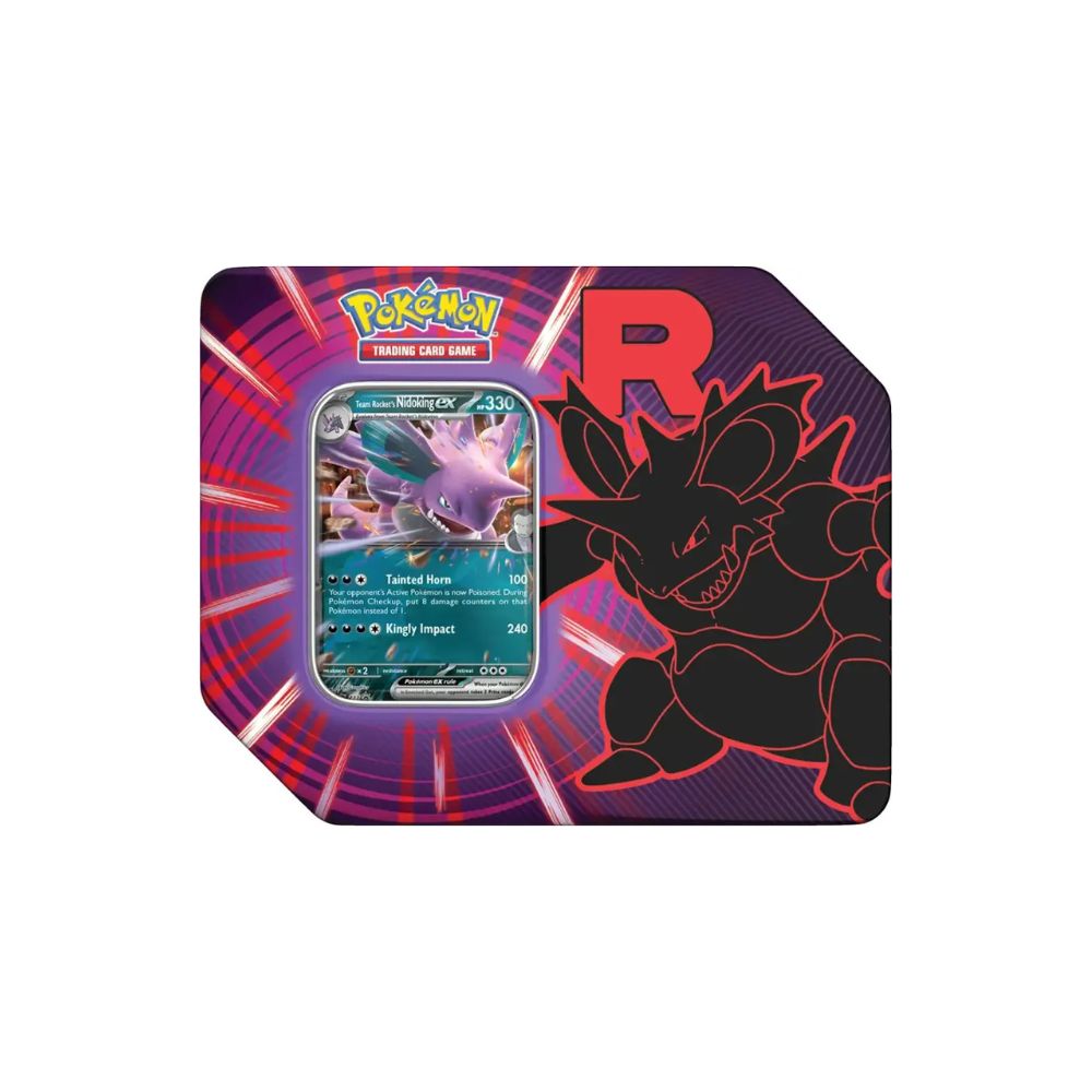 The image shows another view of the Pokémon TCG Team Rocket Tin with Nidoking.