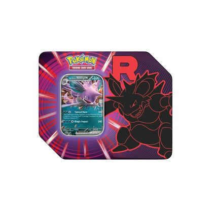 The image shows another view of the Pokémon TCG Team Rocket Tin with Nidoking.