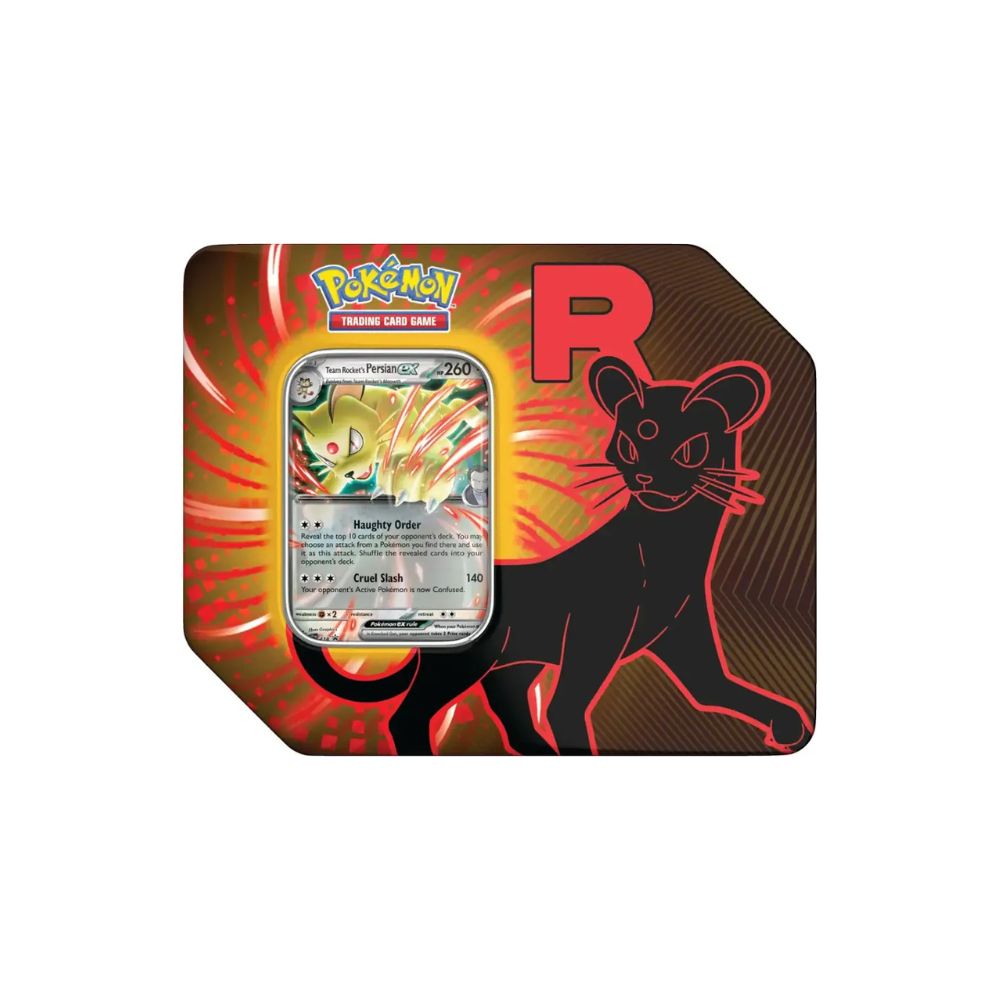 The image shows the Pokémon TCG Team Rocket Tin with Persian. The inside provides storage space for Pokémon cards and accessories.