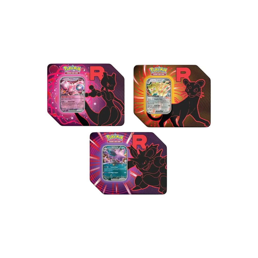 The image shows the Pokémon TCG Team Rocket Tin with several Pokemon artwork.
