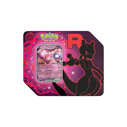 The image shows a Pokémon TCG Team Rocket Tin with Mewtwo. 