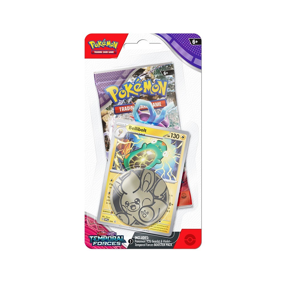 The image shows a Pokémon TCG Temporal Forces Checklane Blister featuring Bellibolt. Sergio’s Collection