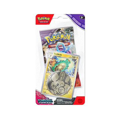 The image shows a Pokémon TCG Temporal Forces Checklane Blister featuring Bellibolt. Sergio’s Collection