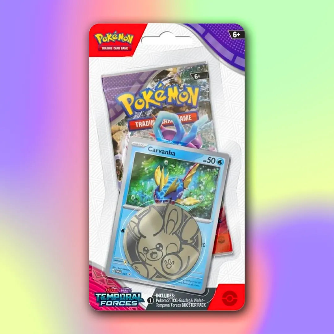 The image shows a Pokémon TCG Temporal Forces Checklane Blister featuring Carvanha. Sergio’s Collection