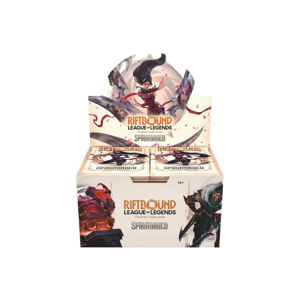 Riftbound League of Legends TCG Spiritforged Booster Box featuring champions and artwork from the Spiritforged set. Contains multiple sealed booster packs designed to expand decks and collections within the League of Legends Trading Card Game.