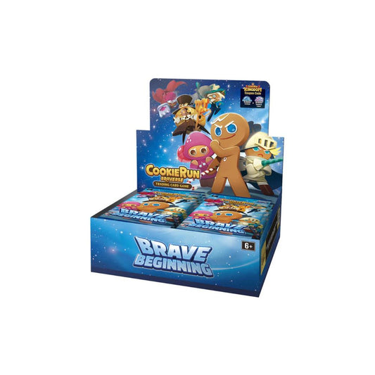 The image shows a CookieRun TCG Brave Beginning Booster Box, containing booster packs with colorful cards featuring characters and scenes from the CookieRun universe.