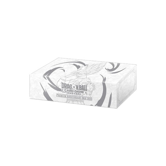 The image shows the Dragon Ball Super Card Game Premium Anniversary Box 2025, featuring exclusive anniversary-themed cards, storage box, and collectible items for fans and players.