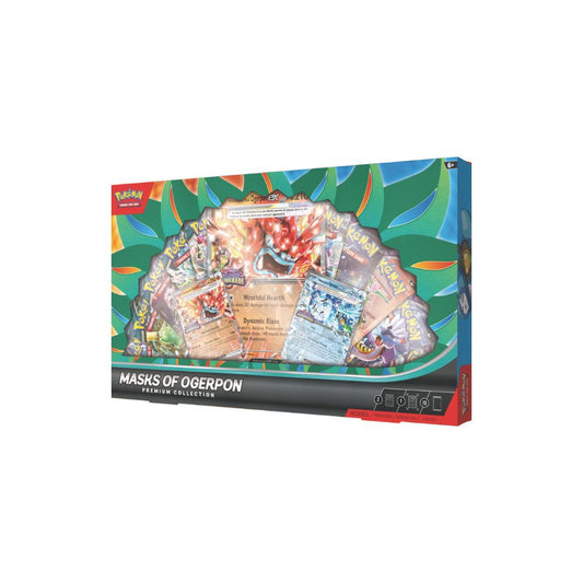 The image shows the Masks of Ogerpon Premium Collection, featuring exclusive promo cards, themed accessories, and booster packs from the Pokémon TCG Scarlet & Violet series.