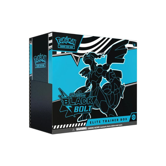 The image shows the Pokémon TCG Black Bolt Elite Trainer Box, featuring electric-themed accessories, booster packs, and a powerful selection of cards from the Scarlet & Violet series.