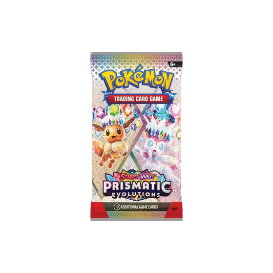 The image shows a Pokémon TCG Prismatic Evolutions Booster Pack, containing a selection of cards from the Prismatic Evolutions expansion in the Scarlet & Violet series.