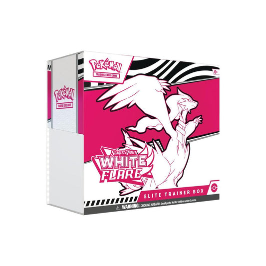The image shows the Pokémon TCG White Flare Elite Trainer Box, including fire-themed booster packs, card sleeves, and other accessories from the Scarlet & Violet series.