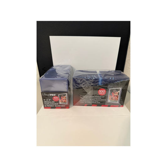 Two boxes of 100-count Ultra Pro card sleeves on a white background