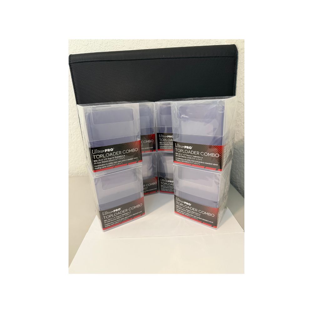 The image shows the Ultra PRO 200 Count Toploaders & Sleeves Combo with Box, a protective card storage solution ideal for collectors looking to safeguard their trading cards.
