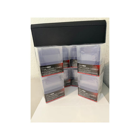 The image shows the Ultra PRO 200 Count Toploaders & Sleeves Combo with Box, a protective card storage solution ideal for collectors looking to safeguard their trading cards.