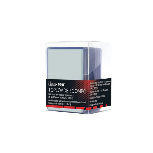 The image shows the Ultra PRO 25-Count Toploaders & Sleeves Combo with Box, a protective card storage solution ideal for collectors looking to safeguard their trading cards.