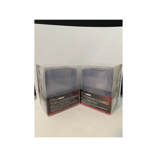 The image shows the Ultra PRO 50-Count Toploaders & Sleeves Combo with Box, a protective card storage solution ideal for collectors looking to safeguard their trading cards.