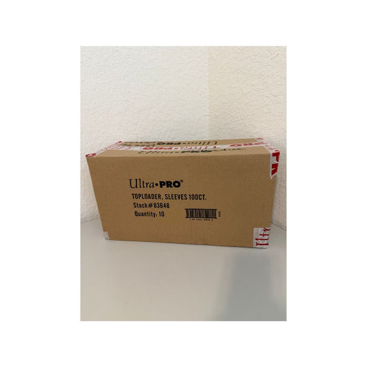 Sealed case of 10x 100-count Ultra Pro card sleeves on a white background