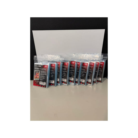 Ten packs of Ultra Pro Penny Sleeves on a white background