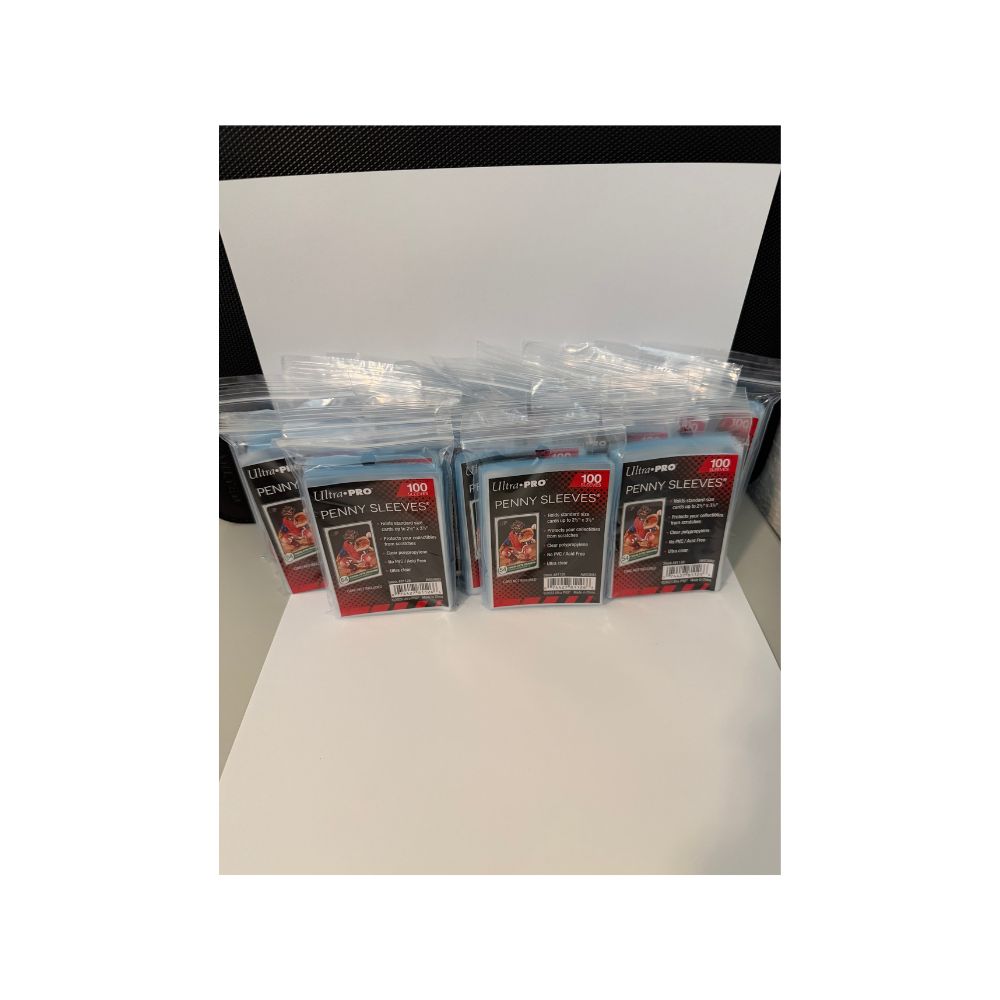 Twenty packs of Ultra Pro penny sleeves packaging on a white surface
