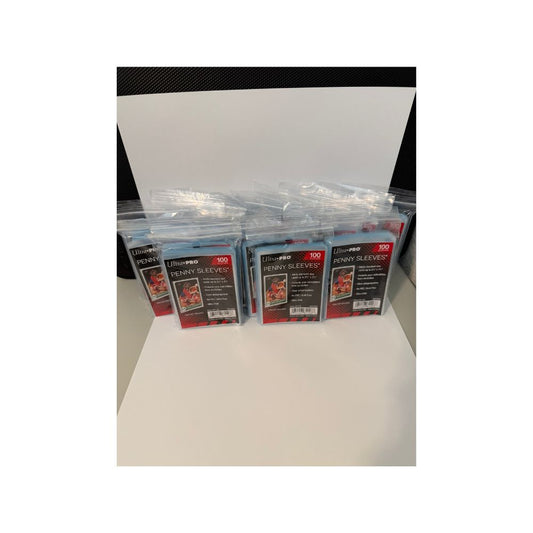 Twenty packs of Ultra Pro penny sleeves packaging on a white surface